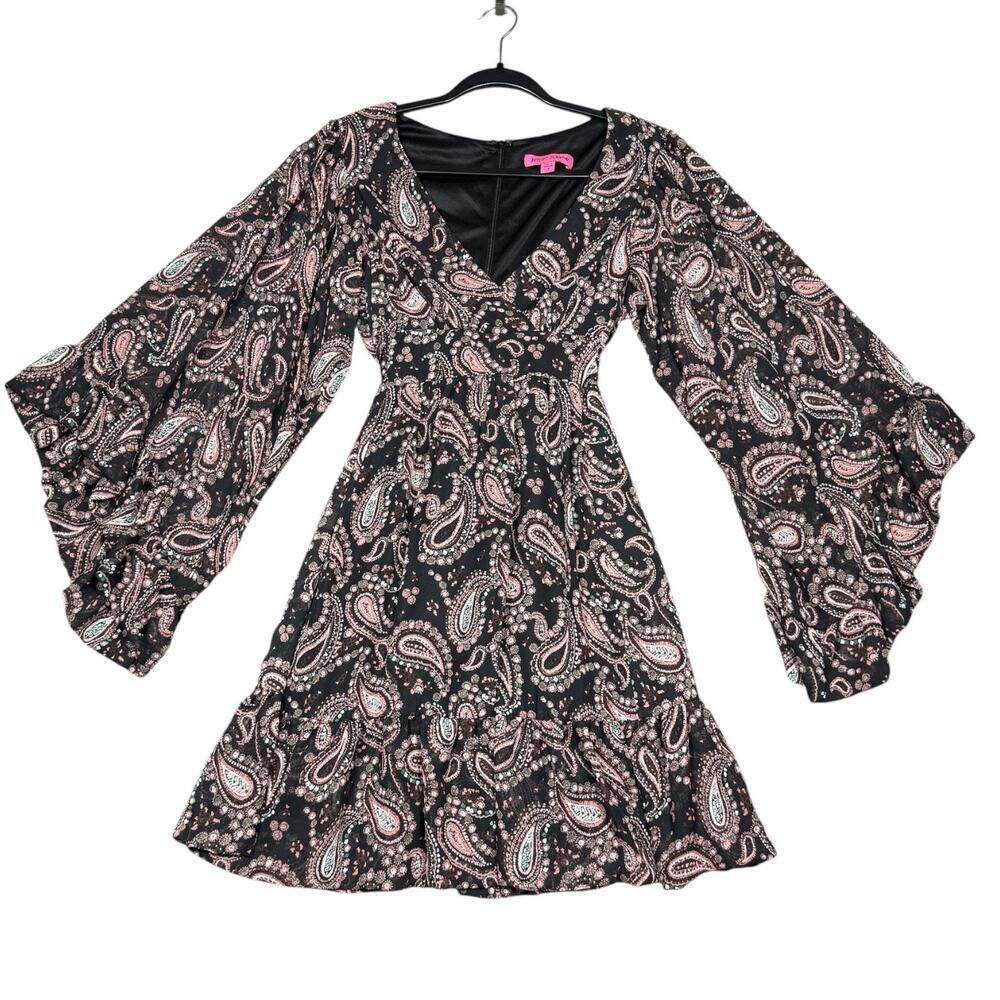Betsey Johnson Black Pink Paisley Long Bell Sleeve Ruffle Mini Dress Size 8 - Picture 2 of 5